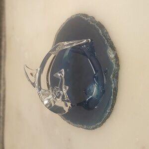 Blue Agate Slice And Dolphin Art Glass Figurine Beach Home Decor